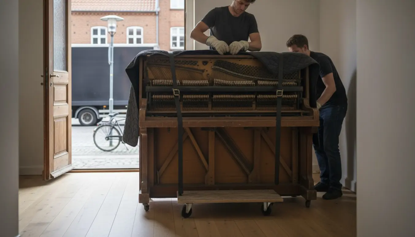 Et opretstående klaver pakket i flyttetæpper og fastspændt på en dolly ved en åben yderdør, klar til bortskaffelse i Roskilde.