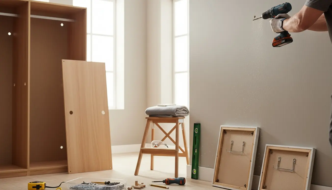 Nærbillede af montage af garderobeskab og ophængning af billeder med boremaskine og værktøj i et lyst værelse.