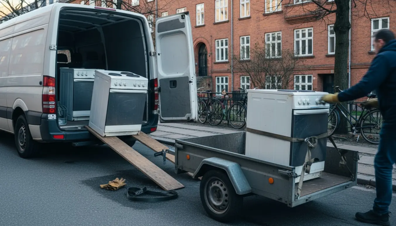 To komfurer læsses af en varevogn og trailer på en stille Østerbro-gade i sen eftermiddag.