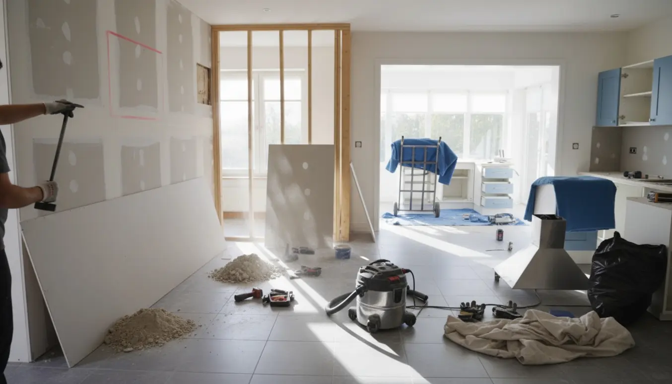 Gipsvæg under nedrivning og køkkenskabe forsigtigt flyttet og stablet i havestuen.