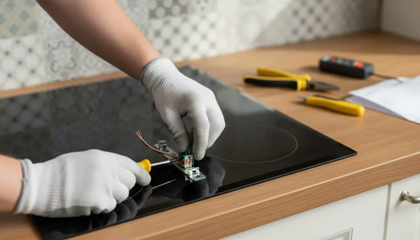 Hænder forbinder elkabler til bagsiden af et glaskeramisk komfur i et lyst køkken.
