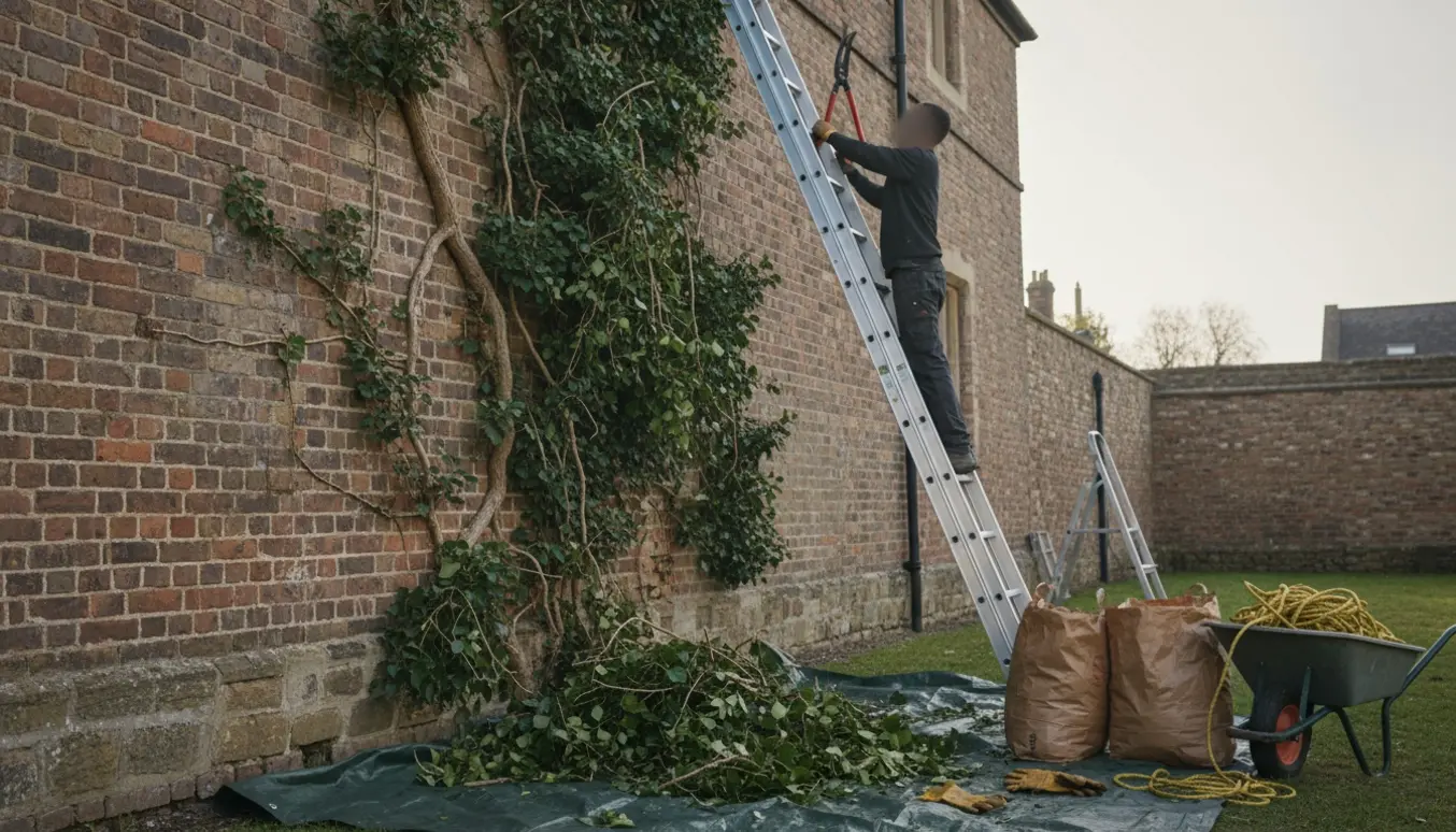 Fjernelse af høj efeu fra en ydermur med stige, beskæringssakse og affaldssække på jorden.