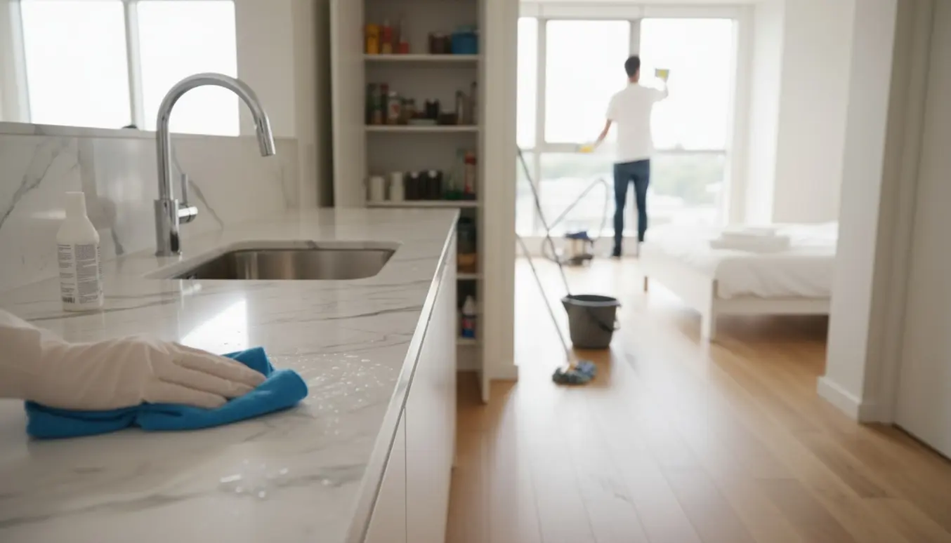 Nærbillede af hænder der pudser marmor-badeværelsesarmatur, med soloplyst køkken-alrum og vinduespudsning i baggrunden.