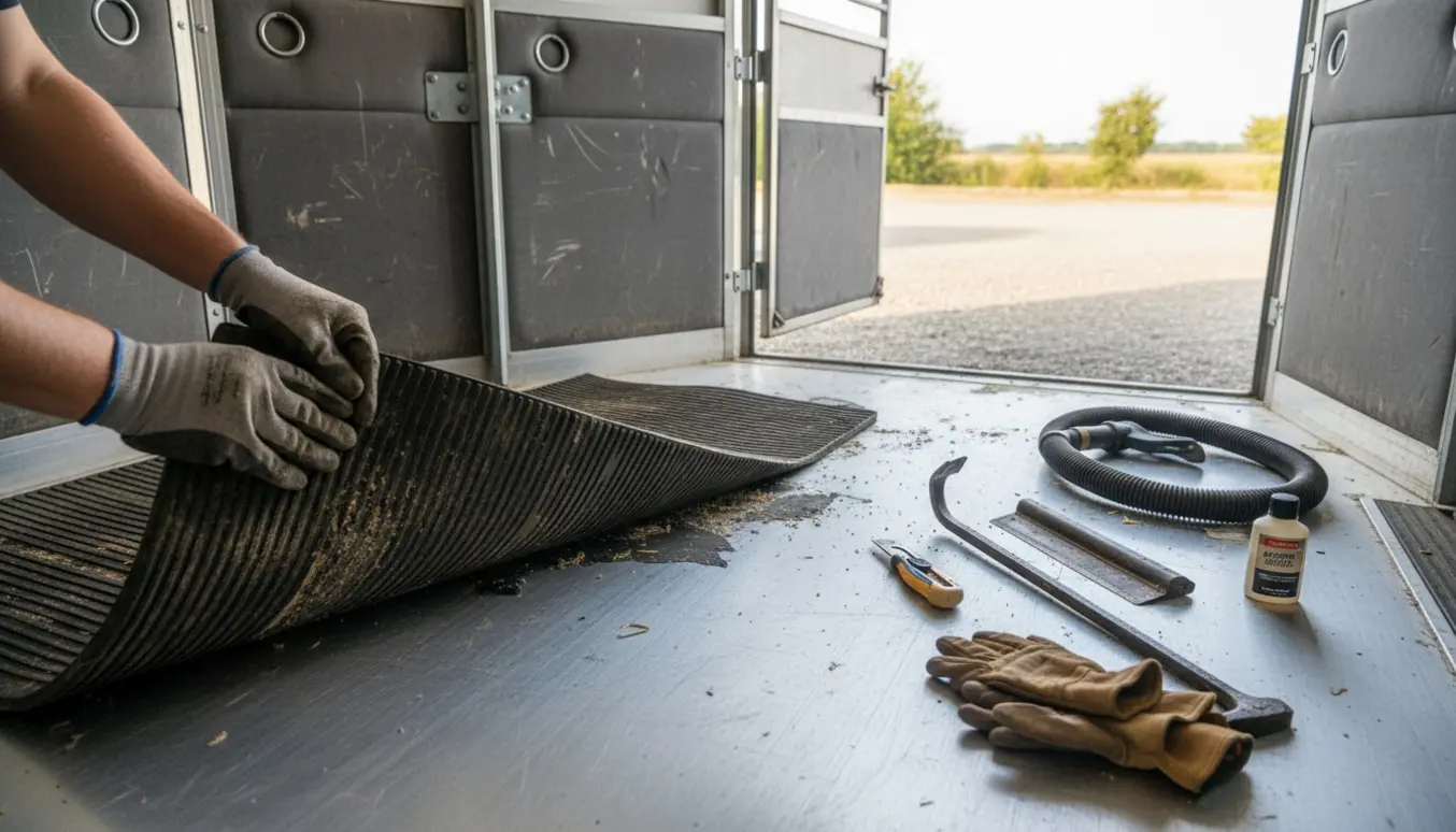 Handskenklædte hænder fjerner en sort gummimåtte fra en aluminiumstrailerbund med værktøj lagt ved siden af.