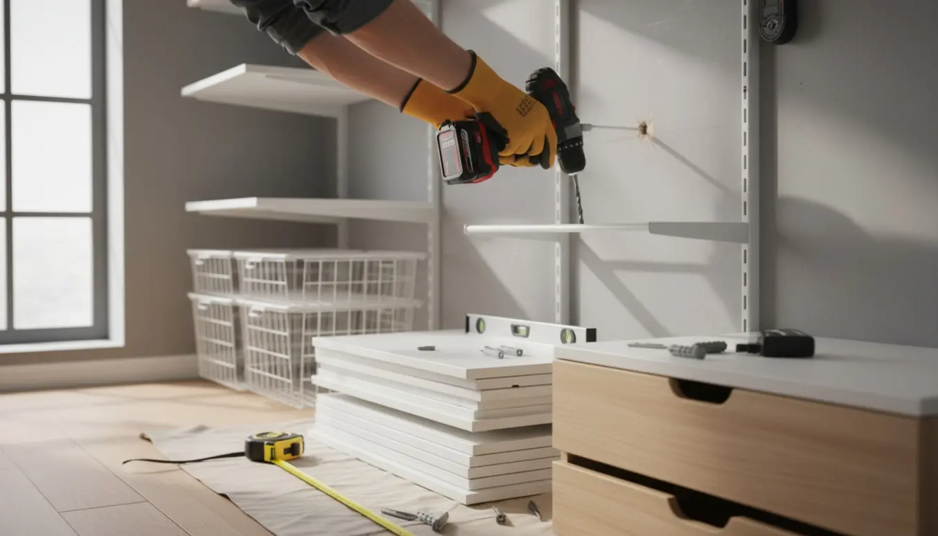 Hænder monterer hvide garderobeskinner på en væg med en boremaskine, omgivet af paneler, skruer og værktøj.