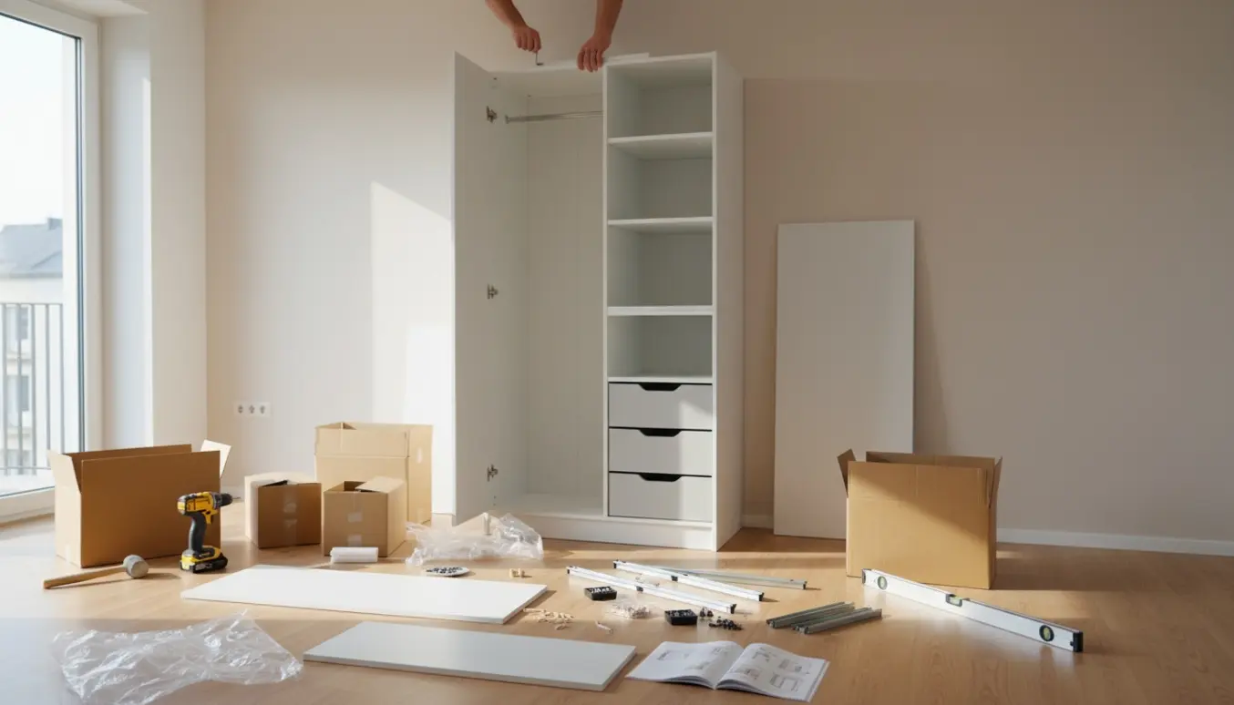 Udpakning og samling af et smalt hvidt PAX-klædeskab i et tomt, lyst rum med værktøj og dele spredt på gulvet.