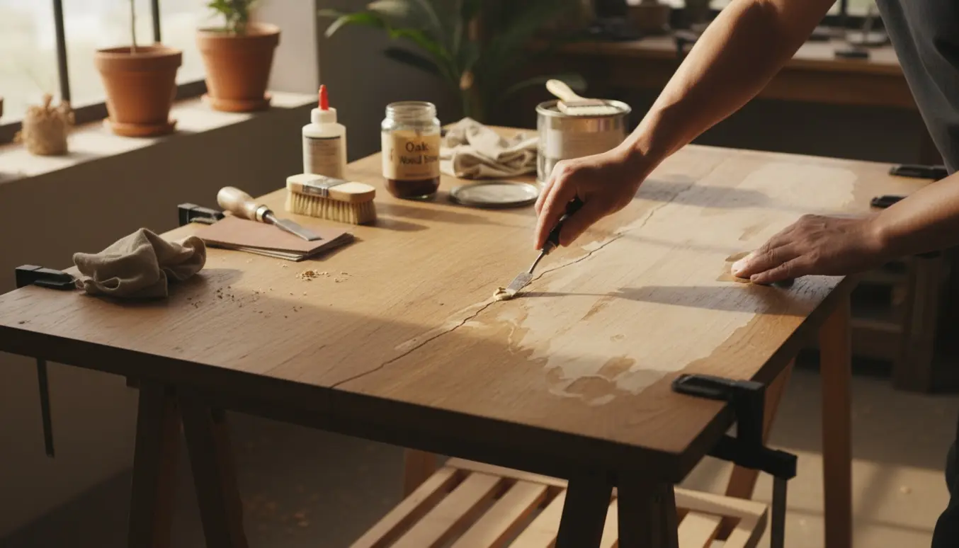 Hænder sliber og reparerer revner og ridser i en arvet træbordplade på en arbejdsbænk.