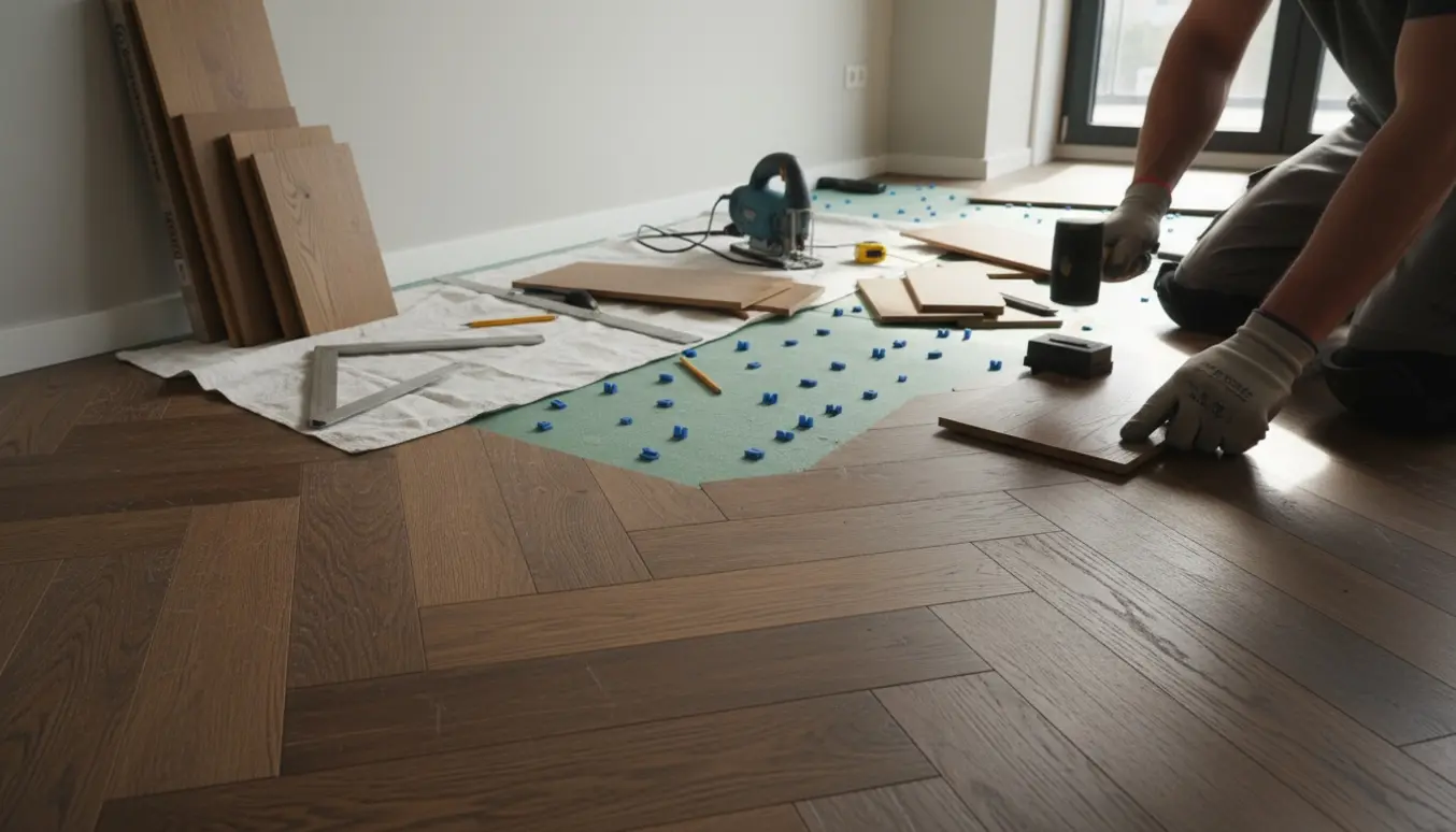 Delvist lagt sildebensgulv i en lejlighed med værktøj og træprøver i naturligt lys.