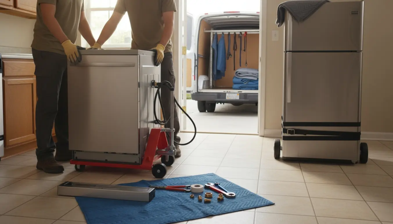 To personer bærer en afmonteret opvaskemaskine ud af et køkken mod en åben flyttebil, mens et kølefryseskab står sikret på en sækkevogn.