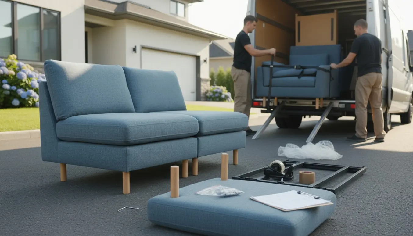Adskilt Ikea-sofa pakket og sikret i en flyttebil, klar til transport.
