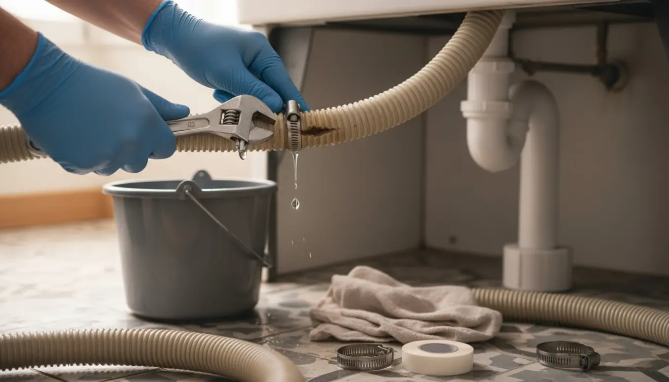 Hænder i handsker udskifter en utæt afløbsslange på en vaskemaskine med spand, klemmer og værktøj ved siden af.