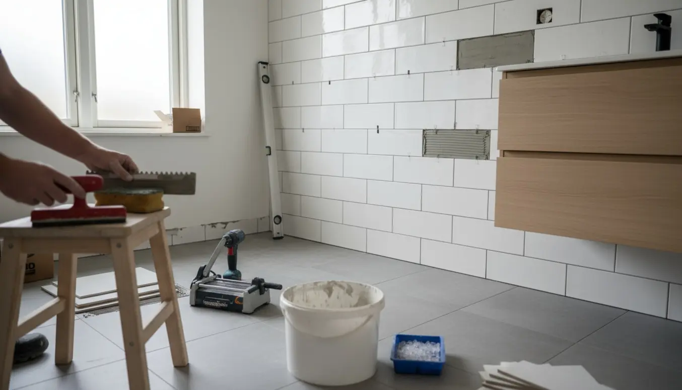 Delvist færdiggjort fliselægning i et lyst skandinavisk badeværelse med værktøj og hænder i fokus.