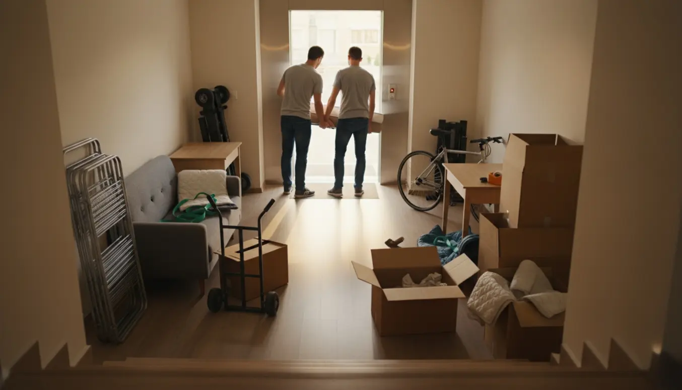 To flyttemænd bærer en 140 cm madras gennem en lys opgang med møbler, romaskine, cykel og stablede flyttekasser.