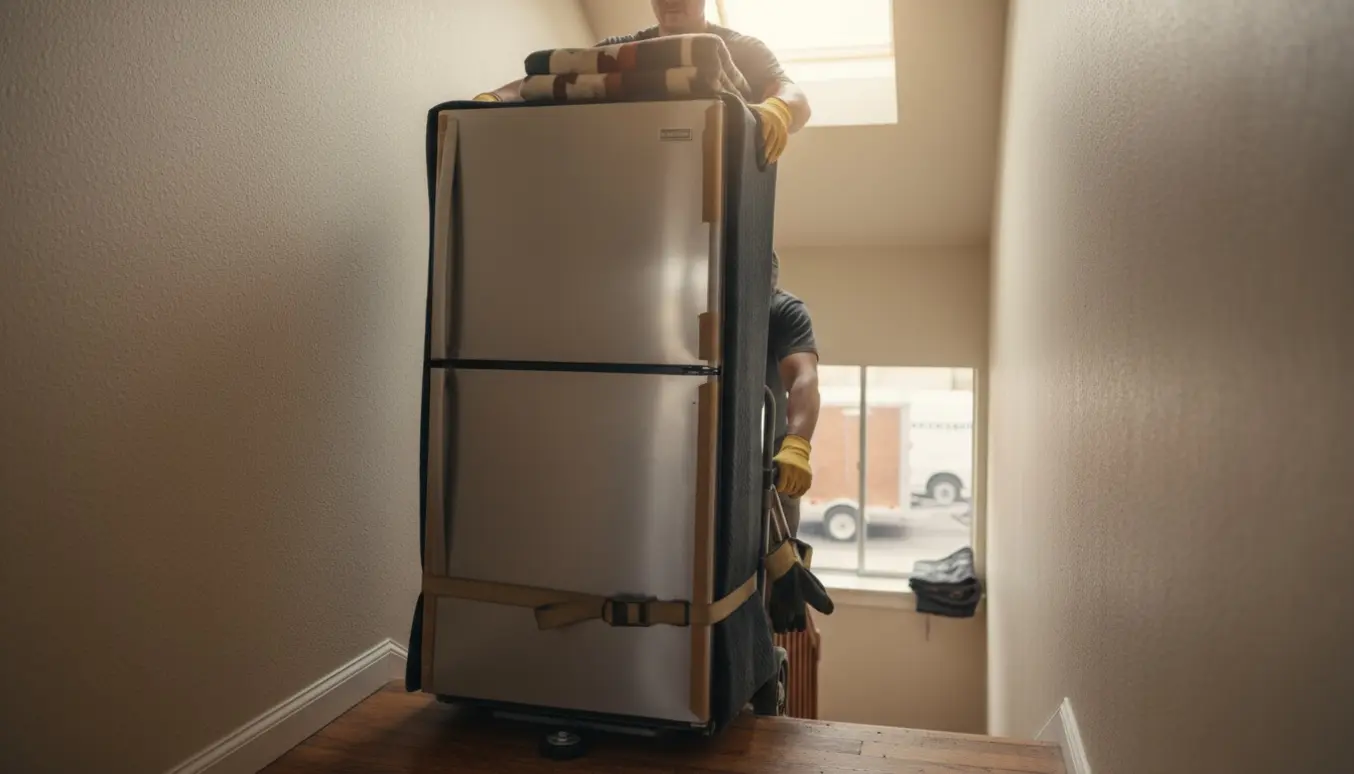 To flyttemænd bærer et køleskab op ad en smal trappe med dolly og flyttetæpper.