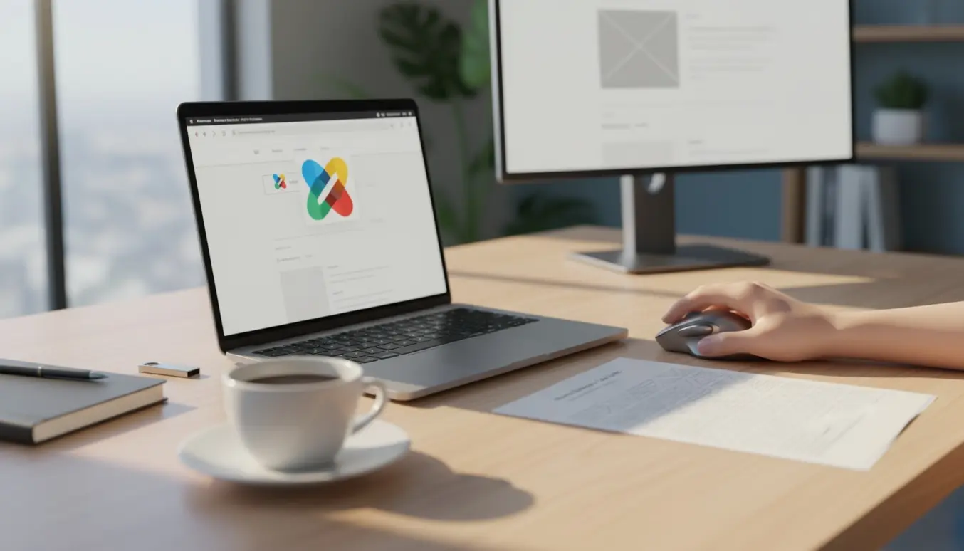 Hænder ved en bærbar med nyt abstrakt logo på skærmen og et Word-masterdokument med stort gennemsigtigt vandmærke.