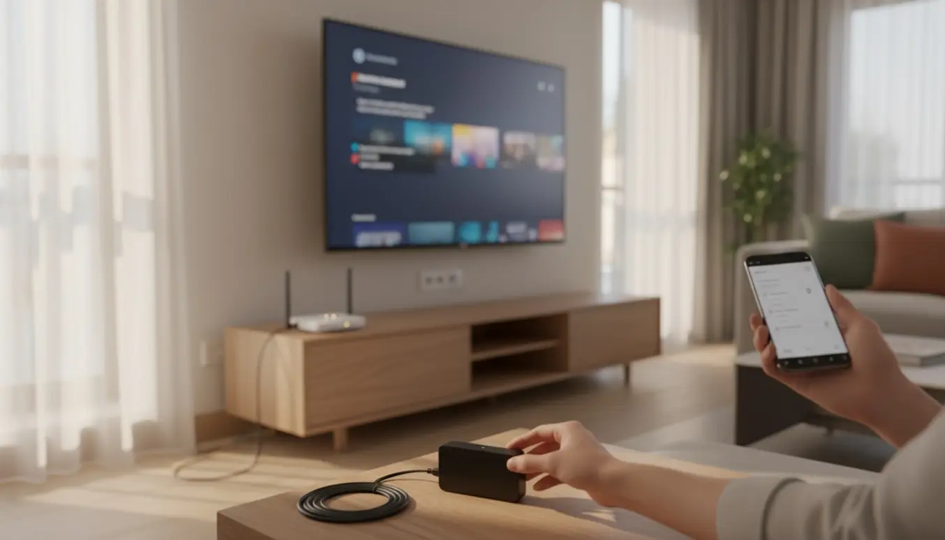 Ny smart Samsung-TV i en stue, hvor en tv-boks er taget væk, med router og fjernbetjening klar til internet-tv.