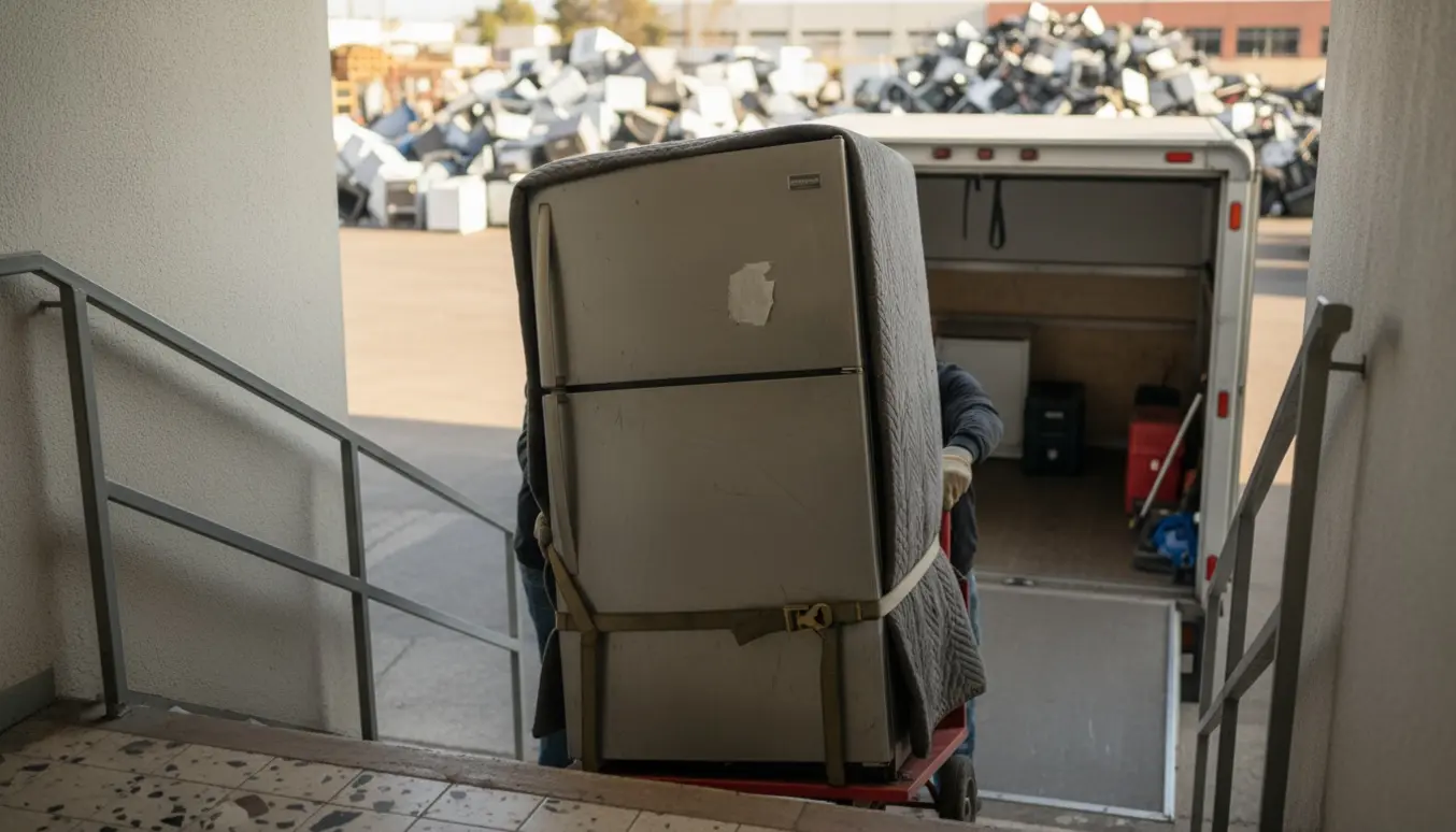 Et brugt køleskab bliver forsigtigt flyttet fra en lejlighedstrappe og læsset ind i en varebil på vej til genbrugspladsen.