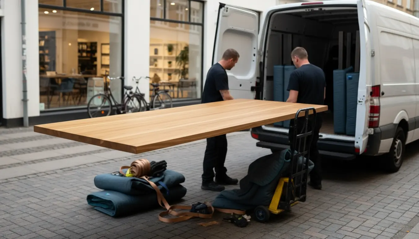 Stort 220 cm spisebord pakkes og læsses ind i en flyttebil på en solrig formiddag i København.