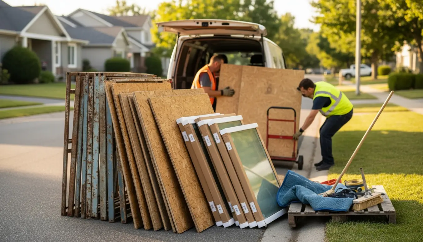 Storskrald med jernstativer, spånplader og indpakkede glas ved en åben varevogn klar til afhentning.