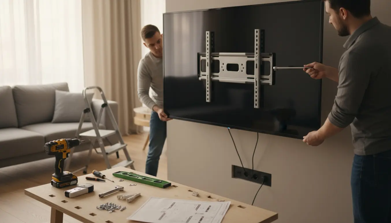 Montering af et stort fladskærms-tv på en væg med vægbeslag og værktøj i forgrunden.