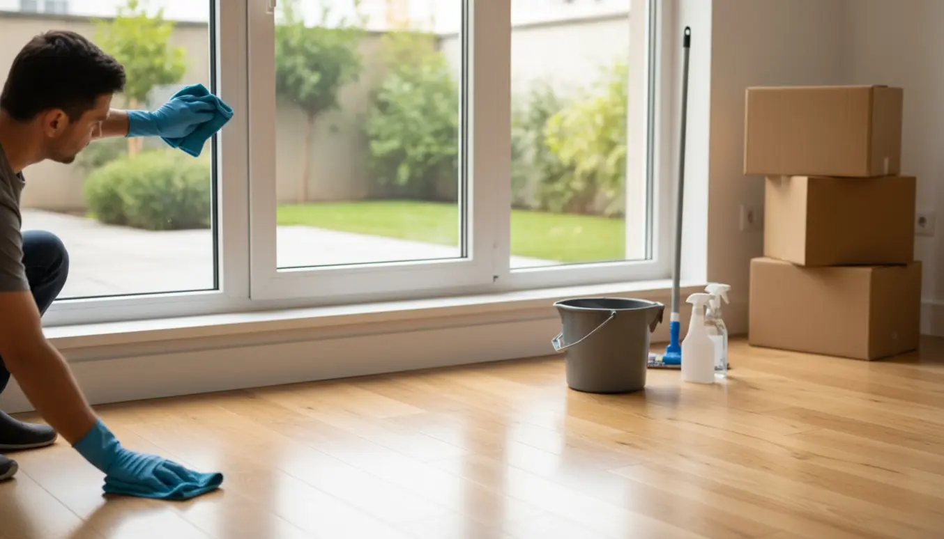 Solbelyst nybygget stuelejlighed efter flytterengøring med stribefri vinduer og rengøringsredskaber.