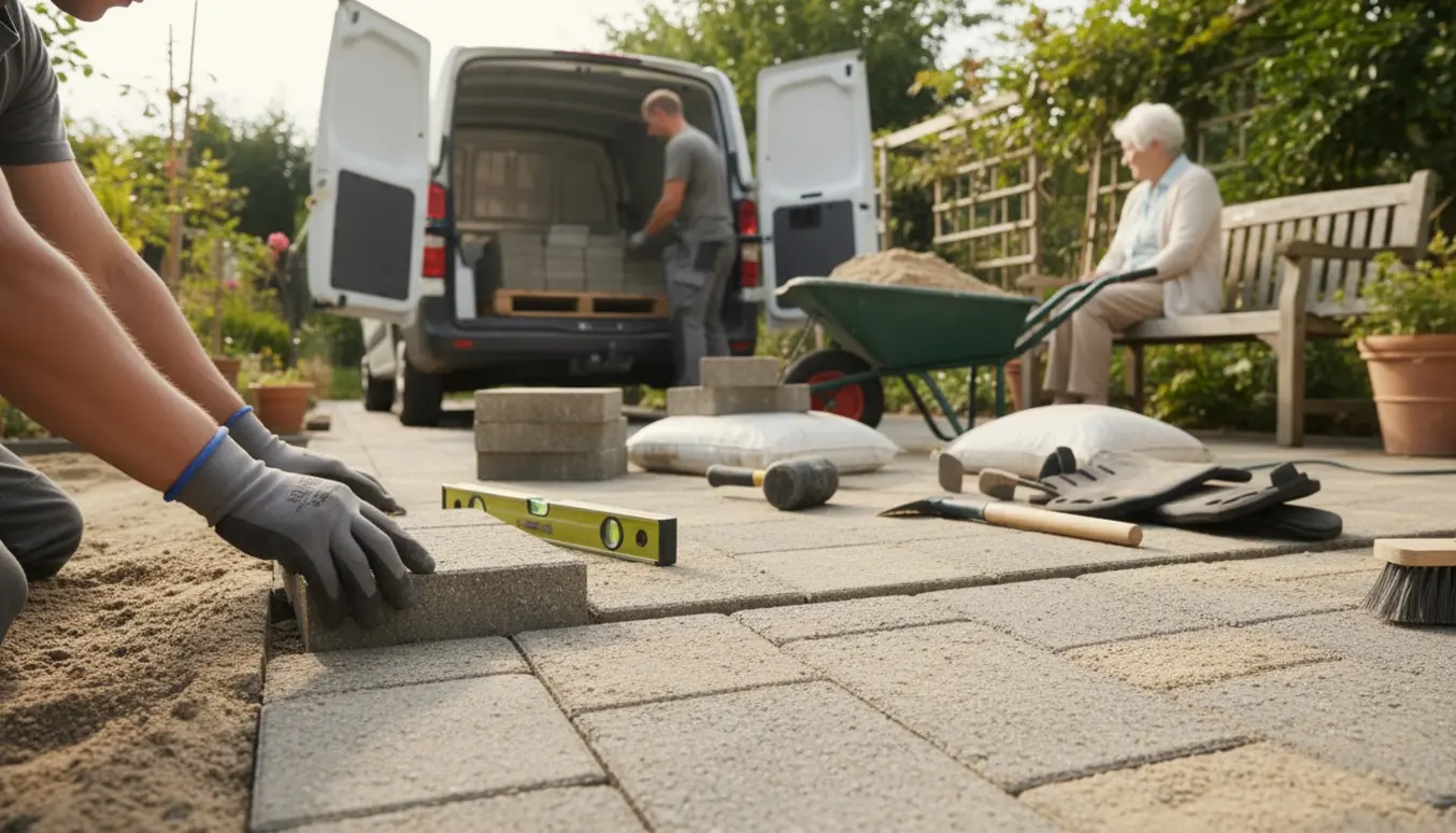 Håndværker lægger fliser i en have, mens en ældre dame sidder i baggrunden.