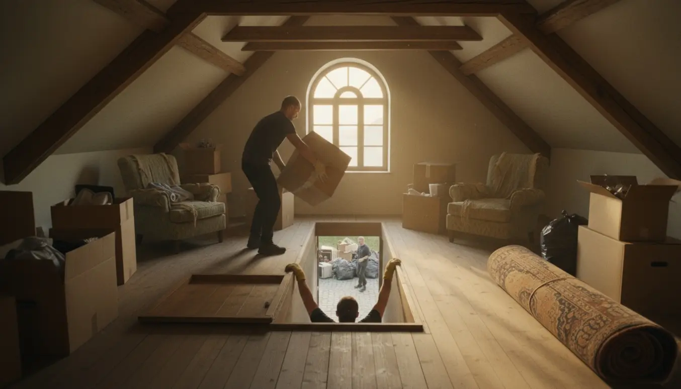 Hjælpere bærer kasser og møbler ned fra et loftrum mod gården.