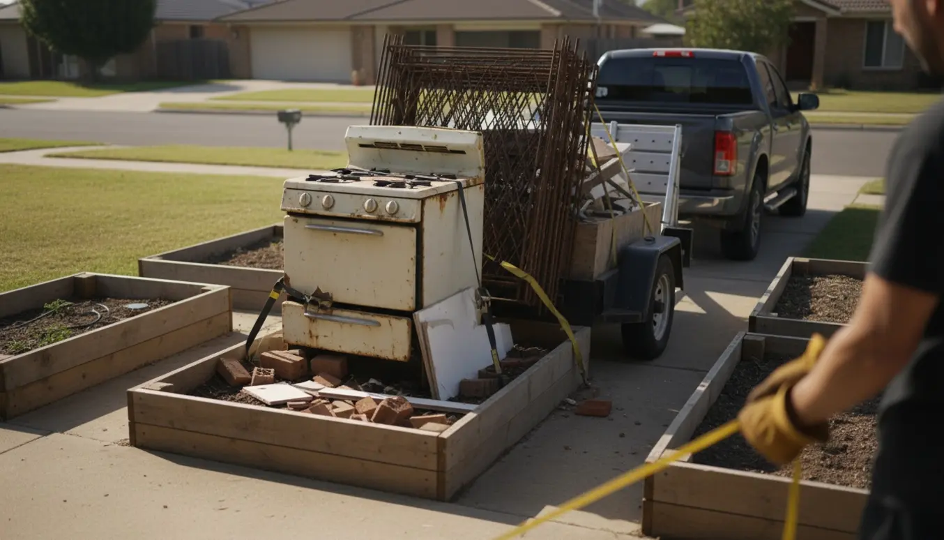 Lastet trailer i indkørsel med et tungt gaskomfur, armeringshegn og byggeaffald klar til aflevering på genbrugspladsen.