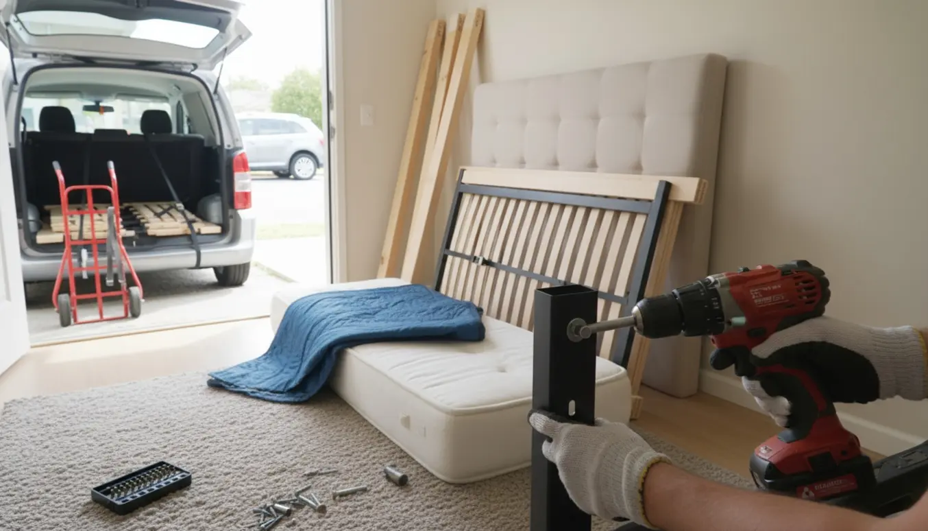 Handskerede hænder bruger en skruemaskine til at skille en stor sengeramme ad, med adskilte lister stablet i en åben varevogn klar til genbrug.