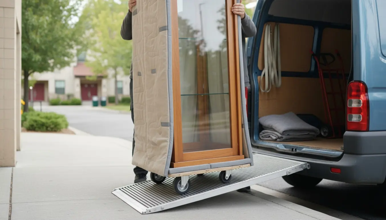 Et vitrineskab pakket i flyttetæpper løftes ind i en flyttebil, personer ses kun delvist.