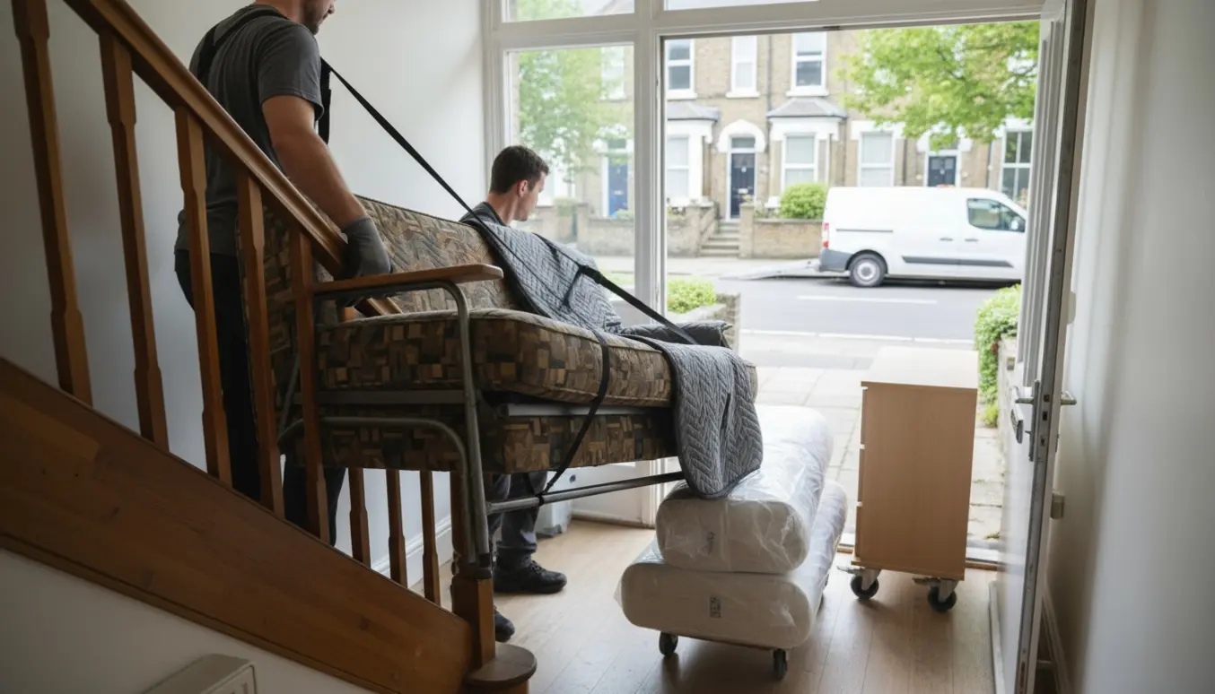 Flyttemænd bærer en sovesofa ned ad en smal trappe, mens madrasser og skuffer er pakket ved en åben flyttevogn.