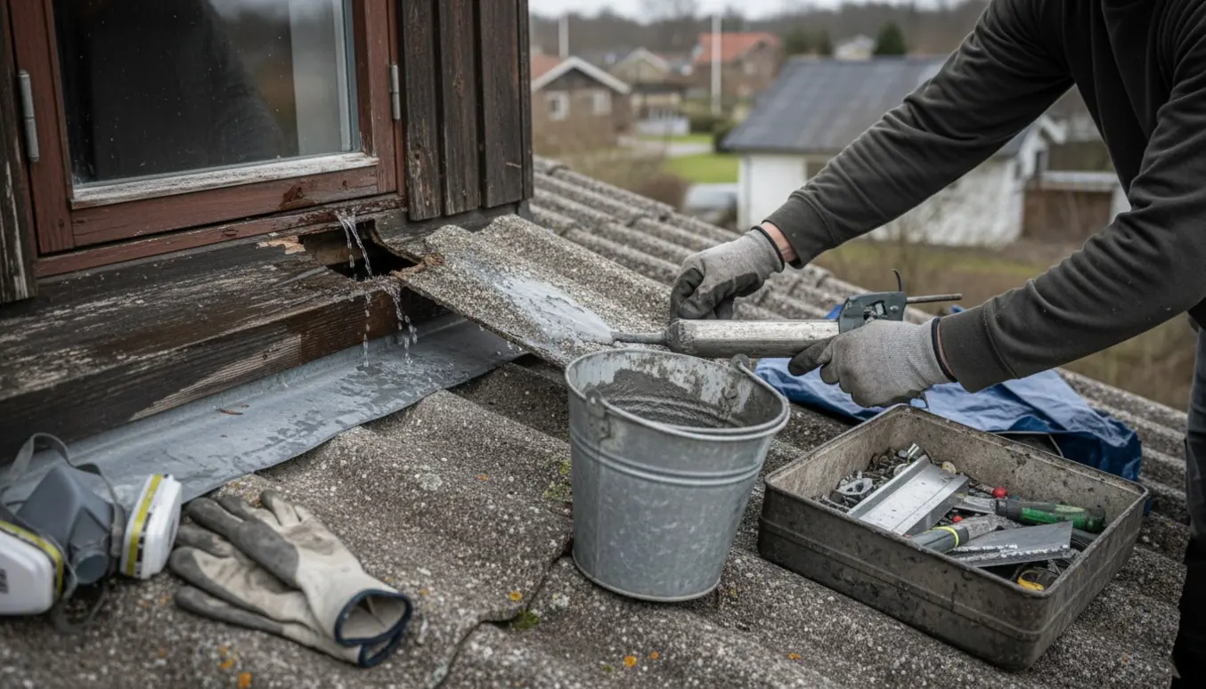 Hånd i handske reparerer et hul i eternittag ved en vindueskarm, mens vand drypper i en spand.