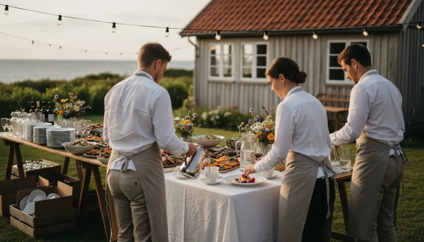 Servering af buffet, kaffe og vin ved et havebryllup i et sommerhus ved kysten.