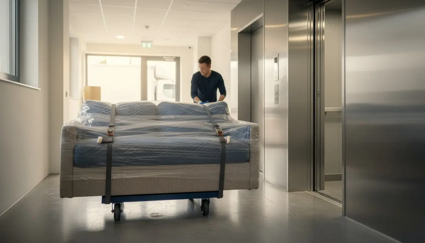 Sofa og boxmadras pakket i beskyttelsestæpper på tralle, flyttes ind i elevator i en lys opgang.