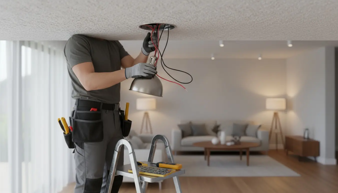 Hænder monterer en loftslampe og vurderer en kabelkasse i et moderne opholdsrum.