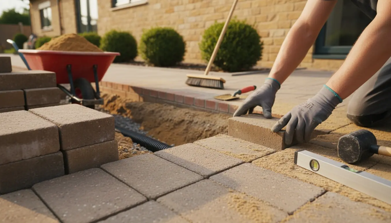 Hænder i handsker lægger fliser tilbage i en havegang med værktøj og stablede fliser i baggrunden.