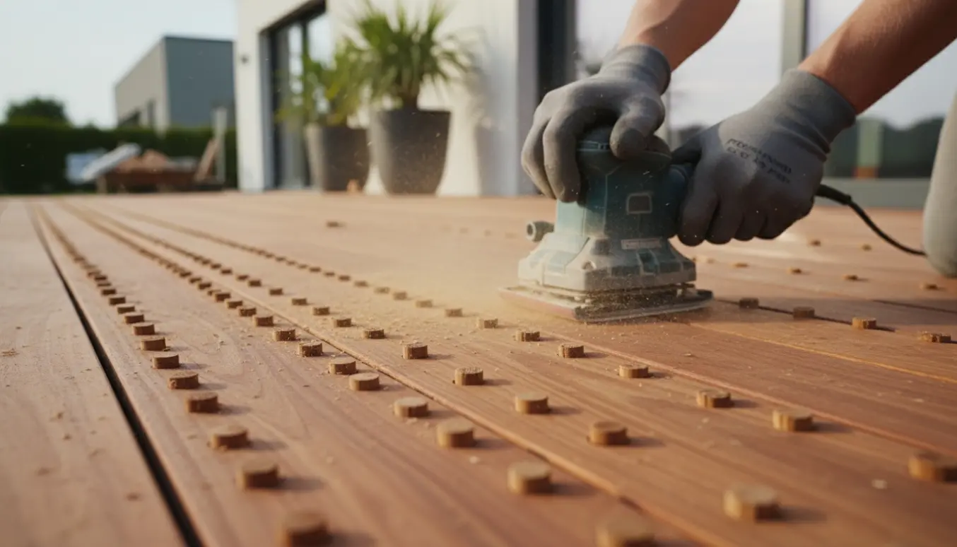 Nærbillede af slibning af Jatoba terrasse, hvor en slibemaskine udjævner små træpropper på dækket.