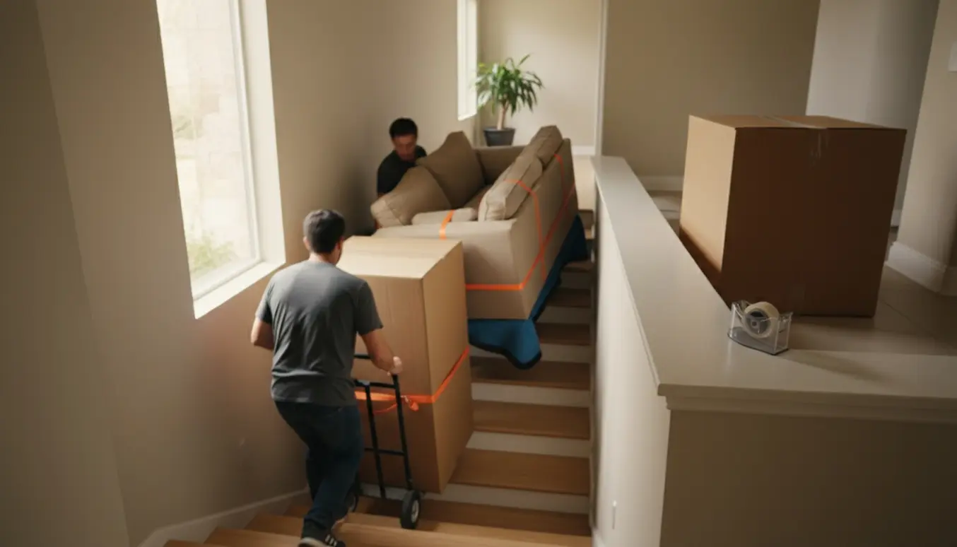 Flyttemænd bærer tre papkasser med nyt sofasæt op ad en boligtrappe mod 2. sal, uden synlige ansigter.