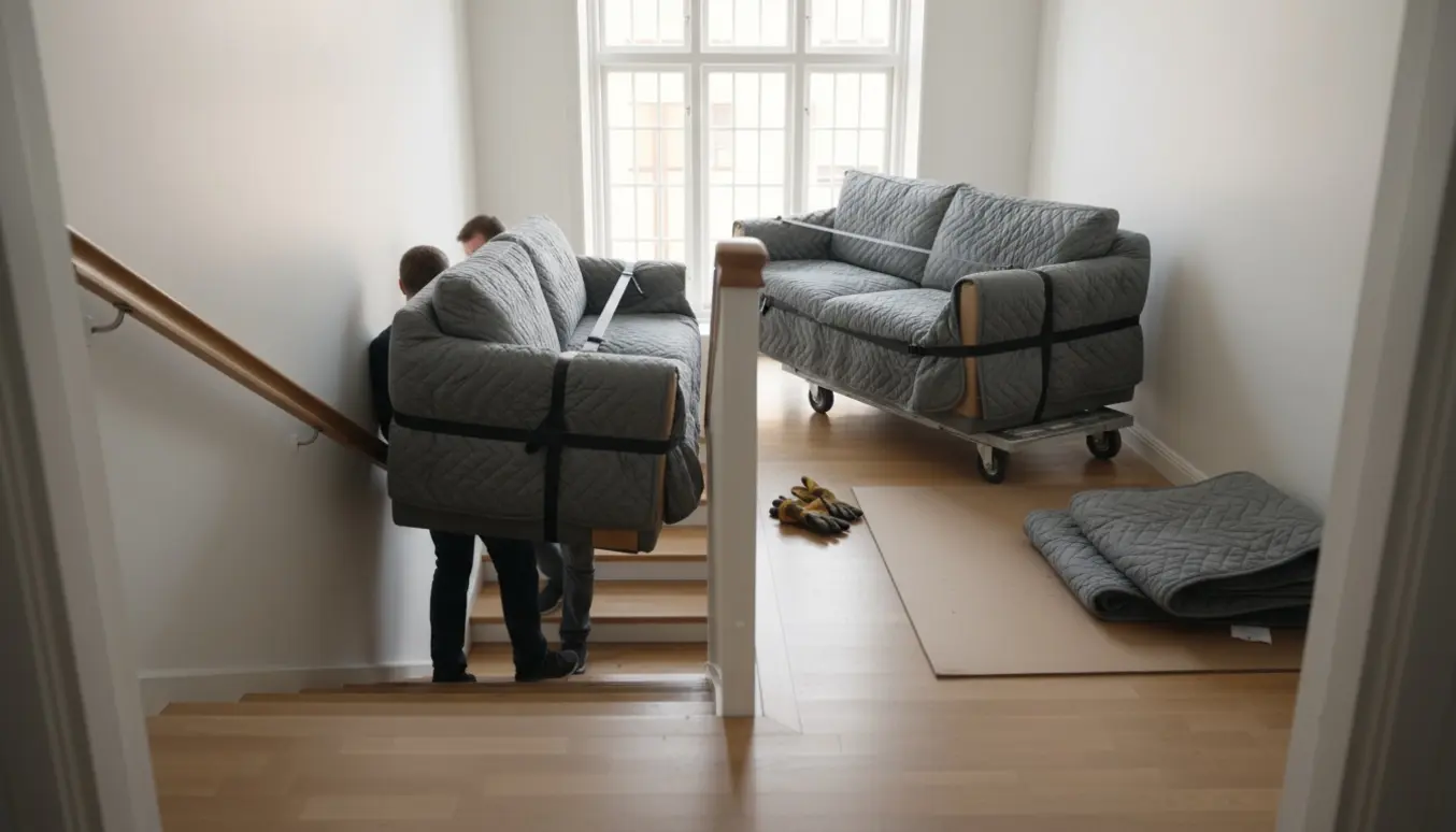 To indpakkede sofaer bæres op ad en lys, skandinavisk trappeopgang af to hjælpere.