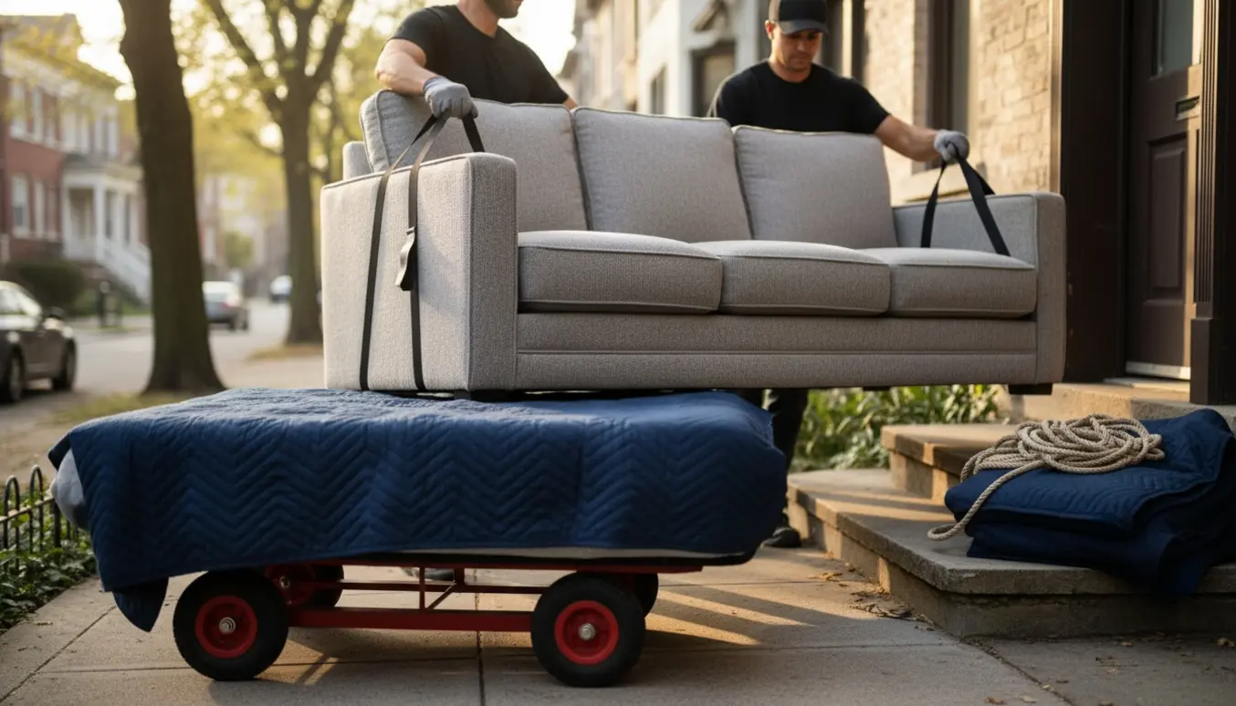 To personer bærer en 3-personers sofa ned fra førstesalen, mens en indpakket kontinentalmadras står klar på en dolly.