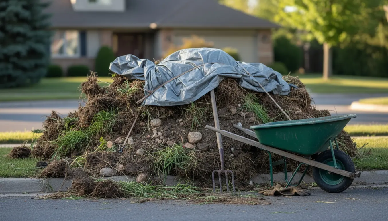 Bunke haveaffald ved vejkanten med ukrudt, rødder, græs, sten og jord delvist dækket af en pressening.