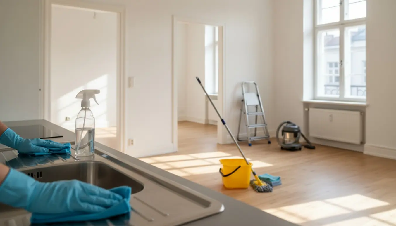 Gummihandsker tørrer en køkkenvask i en lys, tom 3-værelses lejlighed med rengøringsudstyr og nyskurrede gulve.