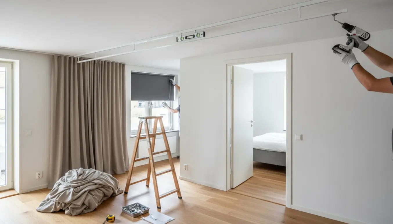 Installatør monterer loftskinne til gardiner i stuen, mens et mørklægningsrullegardin delvist monteres i soveværelset.