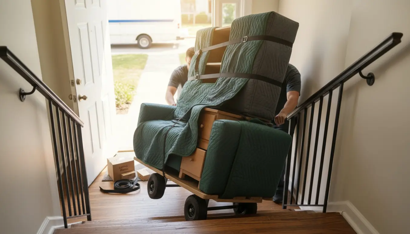 Trækvogn med tre møbler bæres ned ad en trappe fra anden sal, med flyttebetræk og hænder synlige uden ansigter.