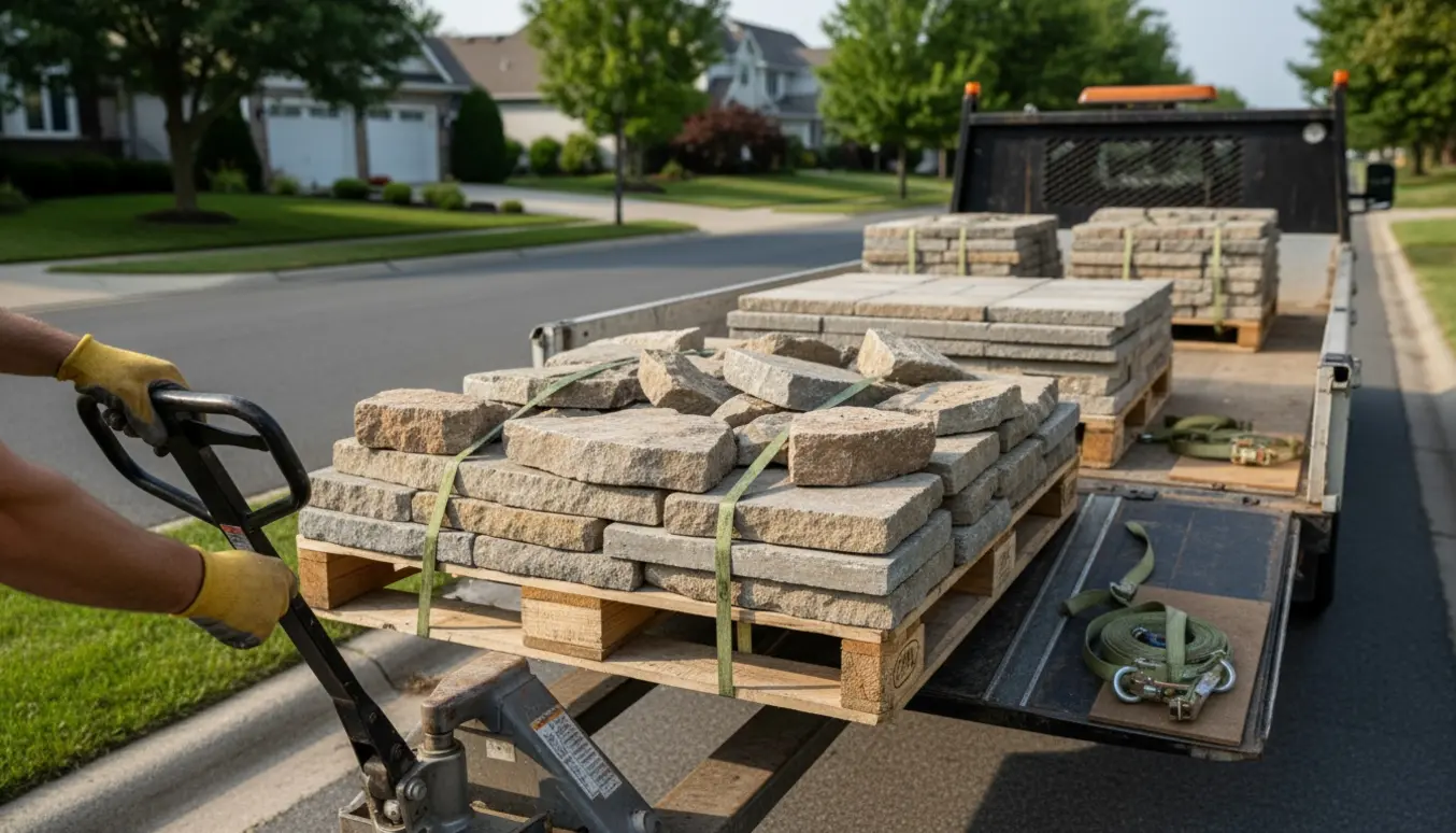 Otte paller tunge sten læsses på en lastbil med en palleløfter i forgrunden.