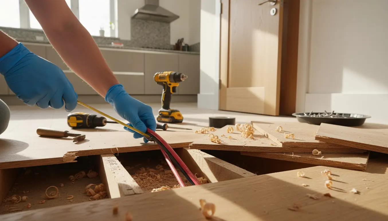 To kabler trækkes under løse gulvbrædder i et køkken med håndværktøj og emhætte i baggrunden.