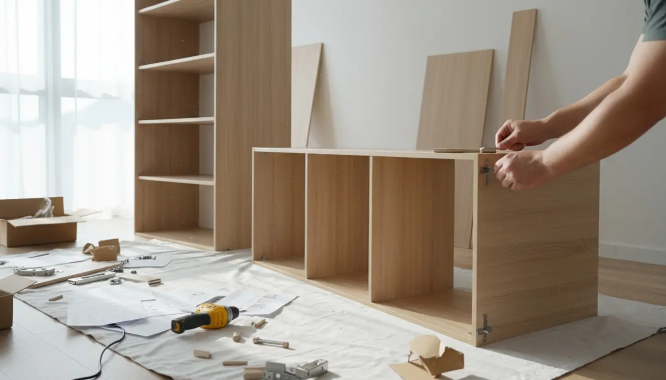 Hænder samler to store garderobeskabe med træpaneler, skruer og en boremaskine i et lyst rum.