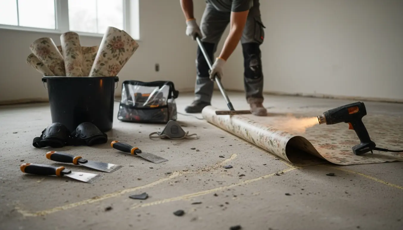 Glat linoleum bliver afløftet fra et betongulv med skraber og varmluftpistol, værktøj og uklar arbejder i baggrunden.