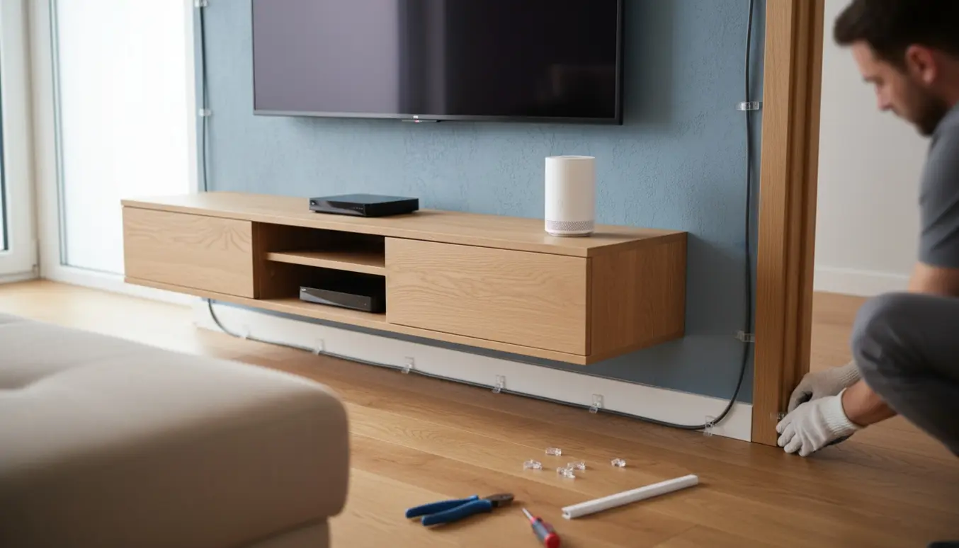 Tæt foto af et vægbeslagtv med antennekabel ført pænt langs fodpanel og dørkarm, tilsluttet tv-boks og Wi‑Fi-router.