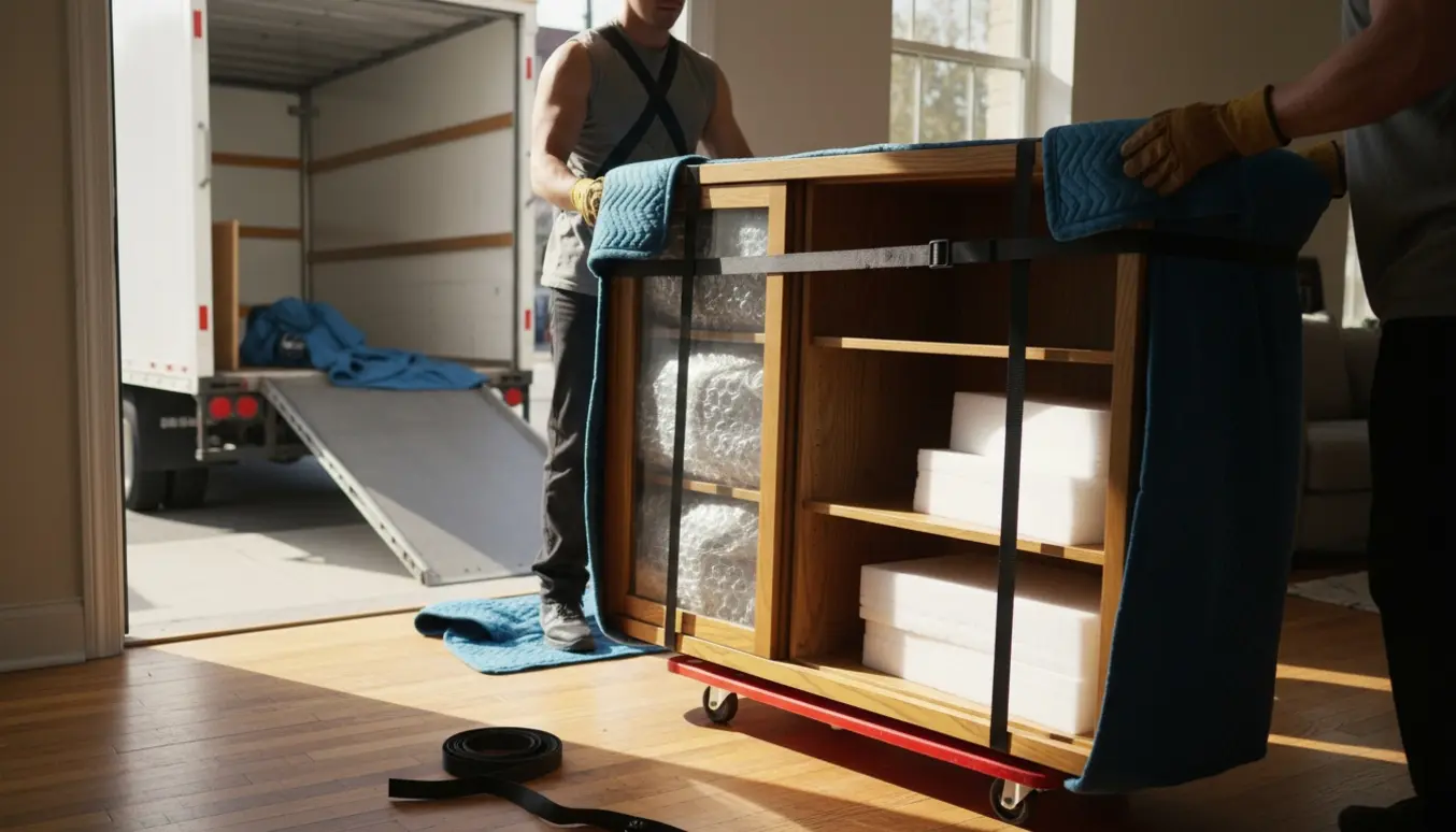 To personer bærer et tungt, åbent vitrineskab gennem en døråbning med dolly og flyttetæpper, uden tydelige ansigter.